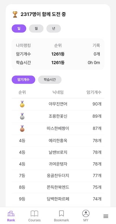 Septify 학습 현황 화면